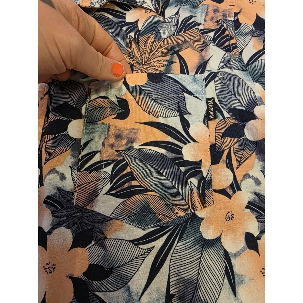 Hurley Button Up Shirt Mens Size M Tropical Hawaiian Short Sleeve Blue Peach EUC - Picture 5 of 11